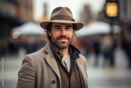 Handsome man with hat over city background. Looking at camera. © Chacmool