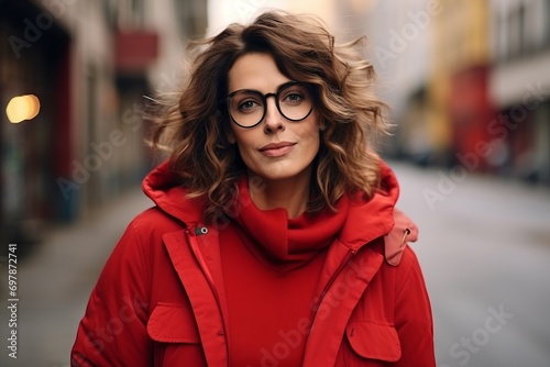 Portrait of a beautiful young woman in a red coat and glasses