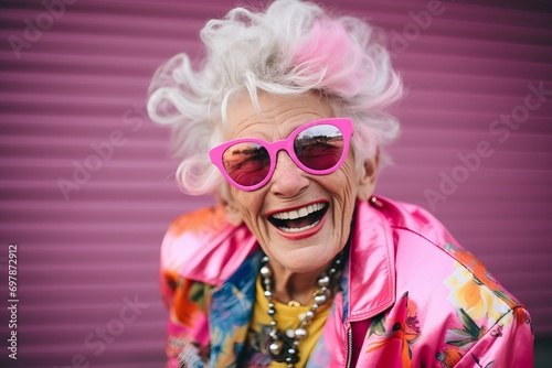 Portrait of happy senior woman with pink hair and sunglasses on pink background