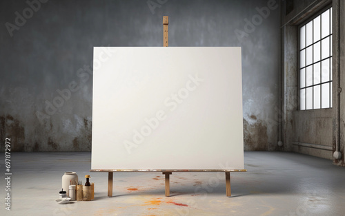 Close-up of a blank canvas against a fine art studio background, brushes and paints on the floor. Canvas mockup