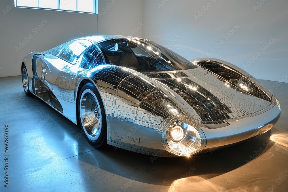 A sports car with a surface made of mirrors. A sports car with a surface made of mirrors.