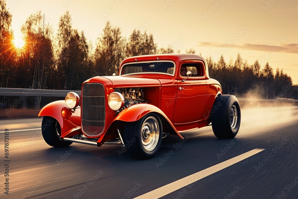A fast hot rod car on the road.