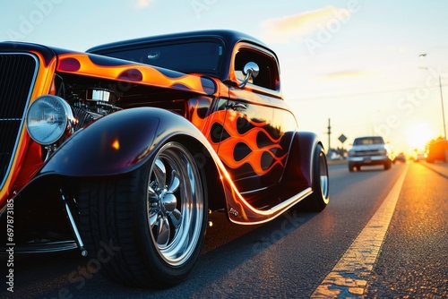 A custom hot rod car with flames painted on it on the road.