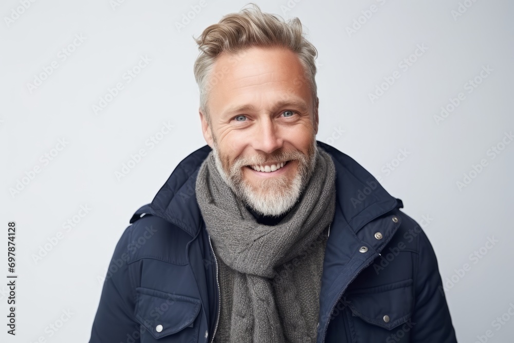 Portrait of a happy mature man in winter jacket and scarf looking at camera Portrait of a happy mature man in winter jacket and scarf looking at camera