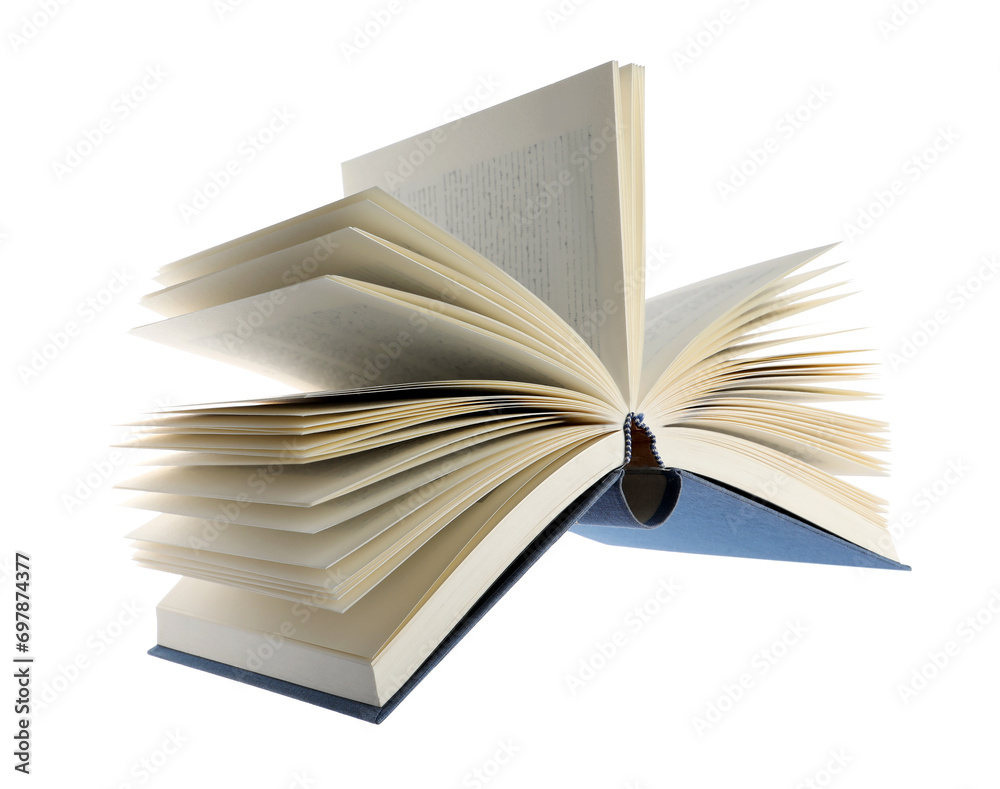 Fototapeta premium Open blue hardcover book isolated on white