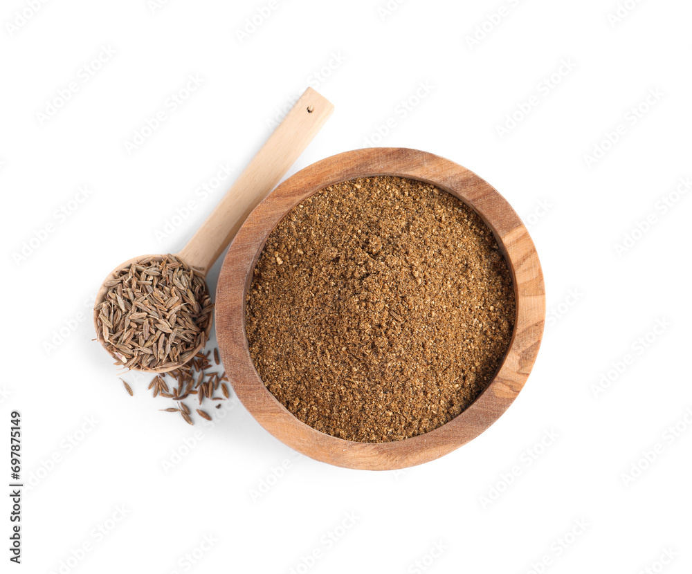 Bowl of aromatic caraway (Persian cumin) powder and spoon with seeds isolated on white, top view Bowl of aromatic caraway (Persian cumin) powder and spoon with seeds isolated on white, top view