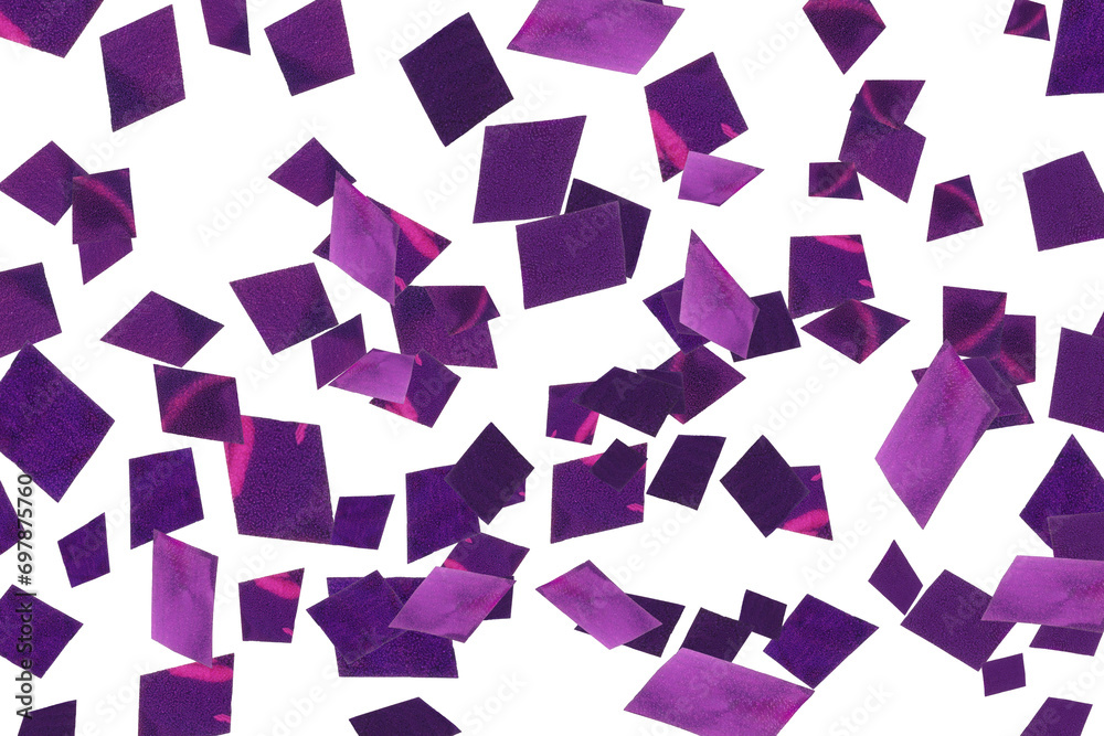 Shiny purple confetti falling on white background Shiny purple confetti falling on white background