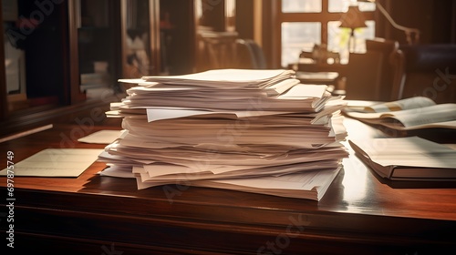 stack of documents on secretary desk were prepared It is legal document for real estate buyers to be used as evidence of possession. stacked papers were placed on the table awaiting examination.stack  photo