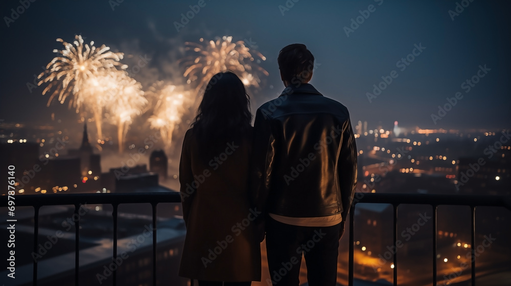 Man and woman stand and watch the fireworks set off at the celebration.