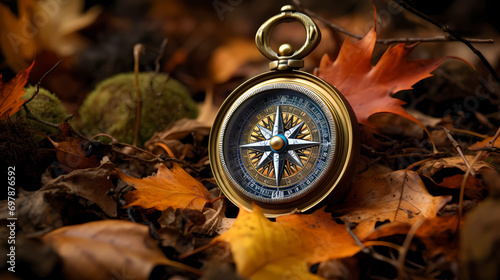 A compass resting on a bed of autumn leaves