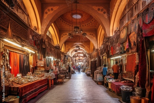 beautiful old middle eastern market with stalls and oriental garments. Generative AI © Rowen