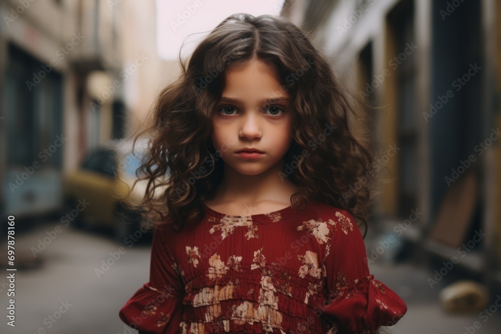 Portrait of a beautiful little girl with curly hair on the street