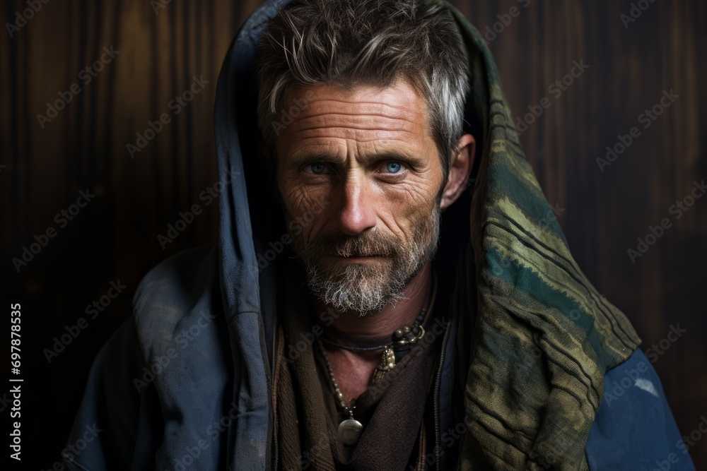 Portrait of an old man with a beard and mustache in a shawl on a wooden background Portrait of an old man with a beard and mustache in a shawl on a wooden background