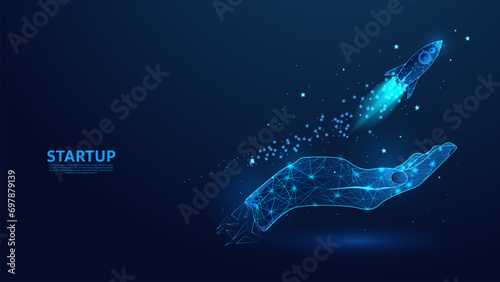 Rocket launch. Startup business growth concept. Low poly wireframe style technology blue background.
