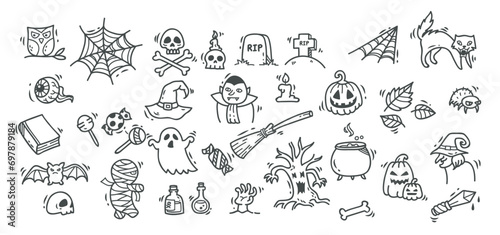 Big set of Halloweens elements in sketch style. Design of witch, ghost, creepy and spooky elements for Halloweens decorations, sketch, icon. Hand drawn vector isolated on white background. 