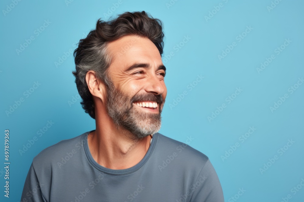 Handsome middle aged man laughing and looking at camera against blue background Handsome middle aged man laughing and looking at camera against blue background