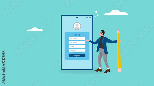 online registration illustration with the concept of businessman fills registration table while carrying big pencil, business register illustration, apply new job or membership, register new account photo
