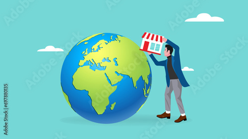 Businessman put new franchise on world map across globe. open new franchise. global franchise business expansion. franchise in new location to cover all continent. growing business with new franchise