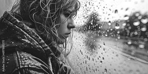 Woman looking out of a rain-streaked window black and white