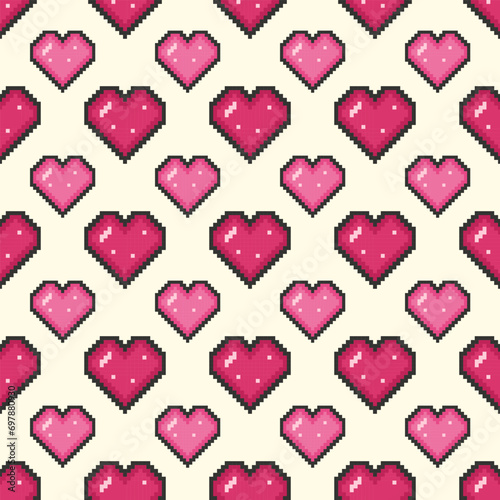 Pixel hearts seamless pattern in trendy retro 8bit style.Vector illustration