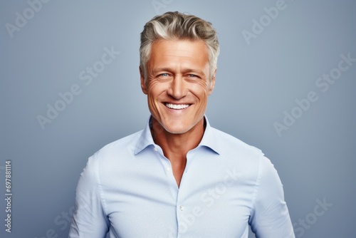 Handsome middle aged man smiling and looking at camera. Studio shot.