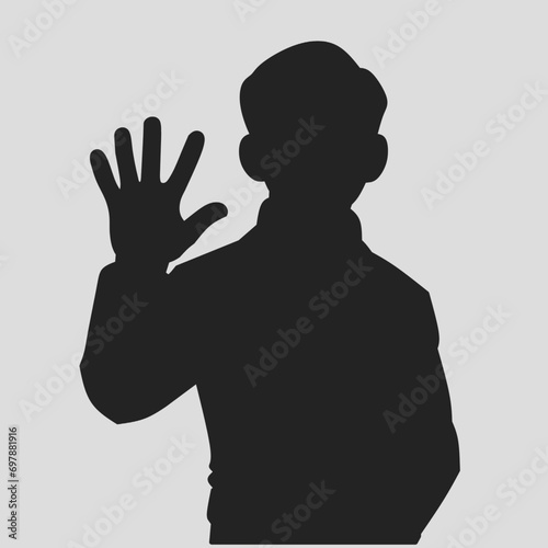 silhouette of man gesturing five fingers waving hand on white background