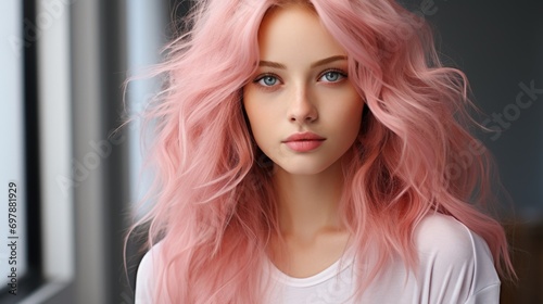 A woman with pink hair is looking at the camera. Luscious colored locks, radiating confidence and style. Perfect for hair product ads.