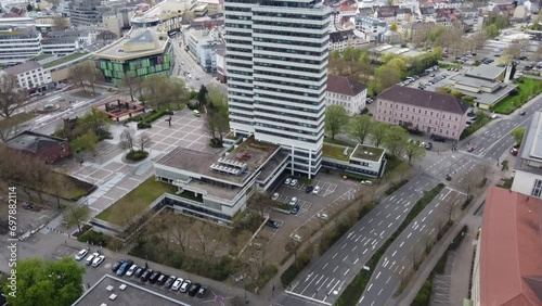 Aerial cityscape of Kaiserslautern city, Germany. Static tilt reveal photo