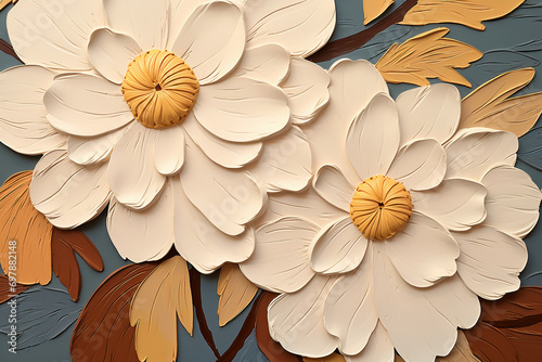 a painting inlcudes a group of white flowers on a Light Gray background , in the style of yellow and beige, close up, outdoor art, colorful woodcarvings, mark arian, two dimensional, close-up photo