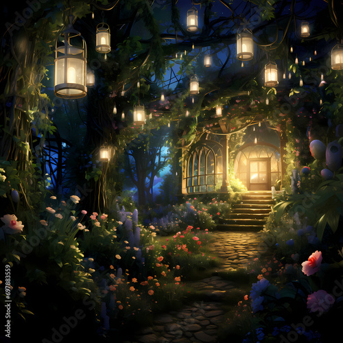 A secret garden illuminated by the soft glow of firefly lanterns.