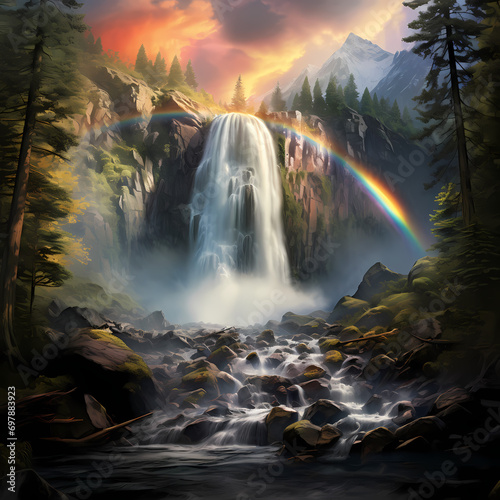 A vivid rainbow emerging from a waterfall in a secluded valley.