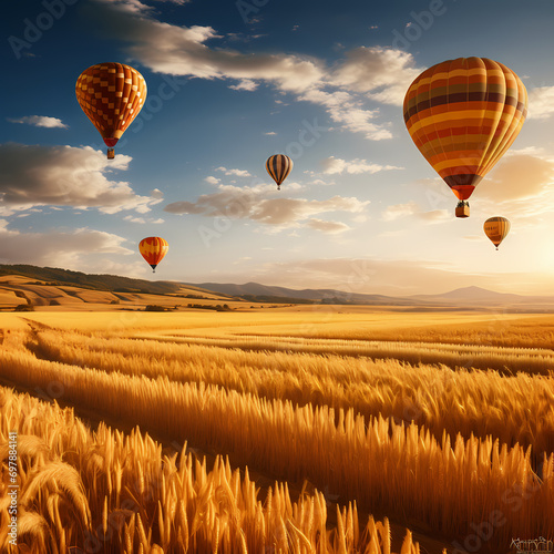 Cluster of hot air balloons drifting over a field of golden wheat.