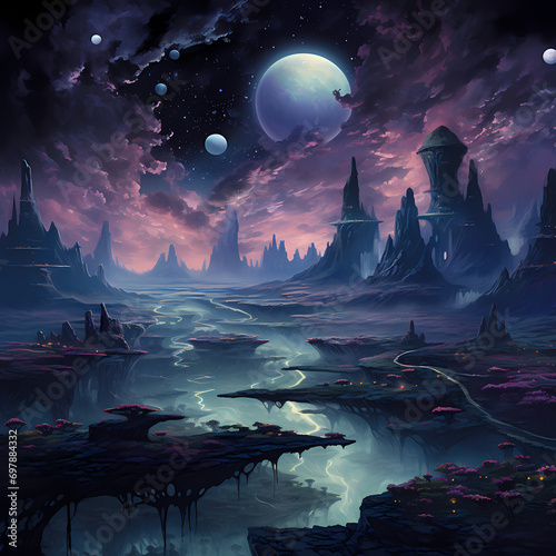 Cosmic night sky over an otherworldly landscape with floating islands.