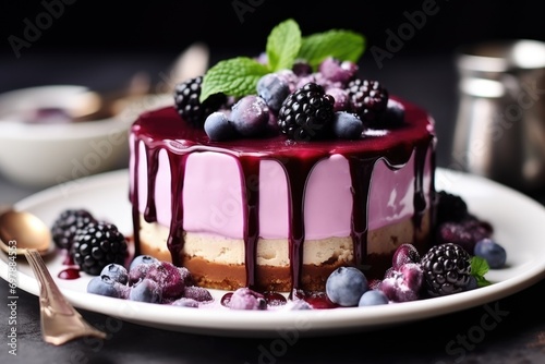 A cake with berries and blueberries on a plate. Valentine's day desserts.