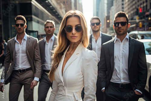 businesswoman with bodyguards in the city photo