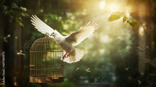White dove flying out of an open cage into the forest with sunlight filtering through leaves. photo