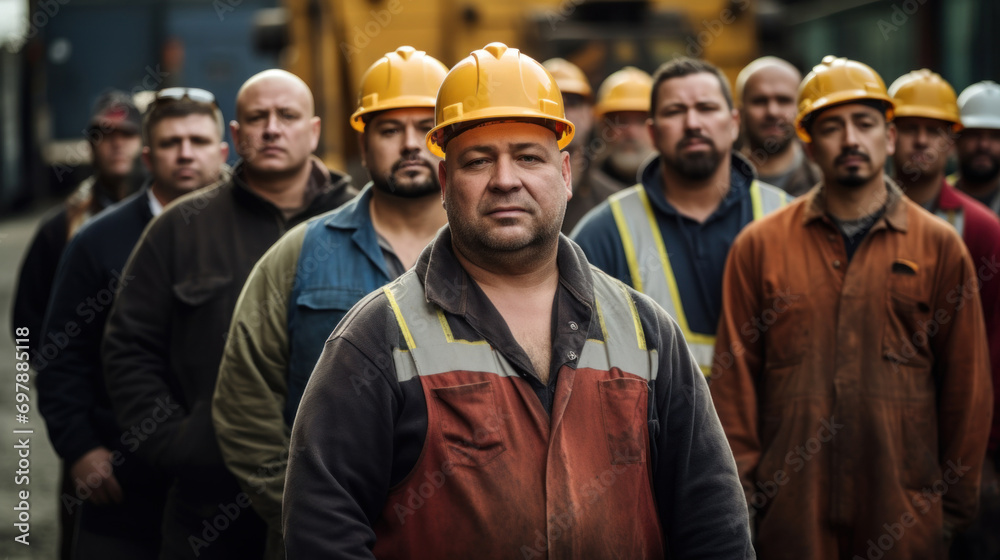 A confident foreman in a safety vest and helmet stands in front of his construction team. A confident foreman in a safety vest and helmet stands in front of his construction team.