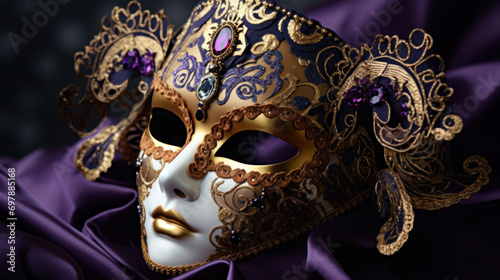 An ornate Venetian mask adorned with gold and purple detail resting on luxurious silk fabric.