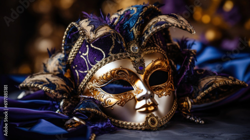 An exquisite Venetian mask featuring intricate gold detail and elegant feathers on a dramatic background. © tashechka