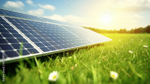 Eco-friendly solar panels installed on a lush green field against a clear sunny sky.
