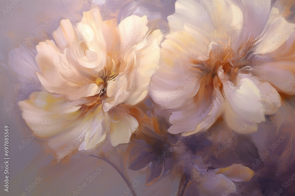 Fototapeta premium A white and gray flower painting, light purple and light amber, painting style, Baroque style, close-up, light bronze and pink, deep purple and light orange, fine shading, oil painting atmosphere