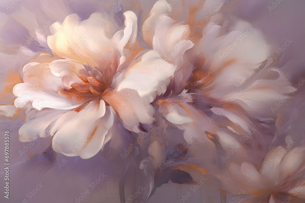 A white and gray flower painting, light purple and light amber, painting style, Baroque style, close-up, light bronze and pink, deep purple and light orange, fine shading, oil painting atmosphere
A white and gray flower painting, light purple and light amber, painting style, Baroque style, close-up, light bronze and pink, deep purple and light orange, fine shading, oil painting atmosphere
