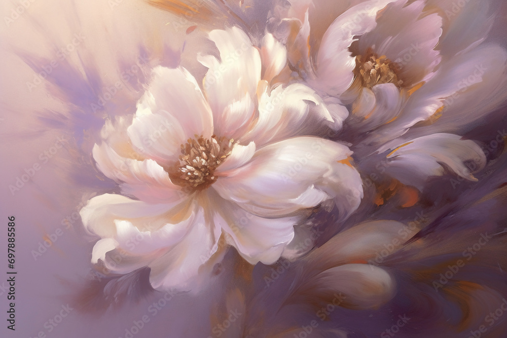 Fototapeta premium A white and gray flower painting, light purple and light amber, painting style, Baroque style, close-up, light bronze and pink, deep purple and light orange, fine shading, oil painting atmosphere 