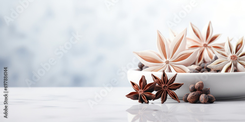 Glossy star anise pods contrast against a stark white marble countertop, with a cool morning light casting a soft glow