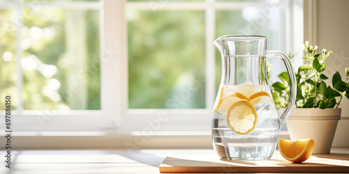 Crystal clear water pitcher on a kitchen counter, sunlight streaming through a window reflecting off the water's surface