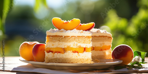 Luscious peach cake on a stand, the afternoon sun enhancing the vibrant orange hues and creamy texture