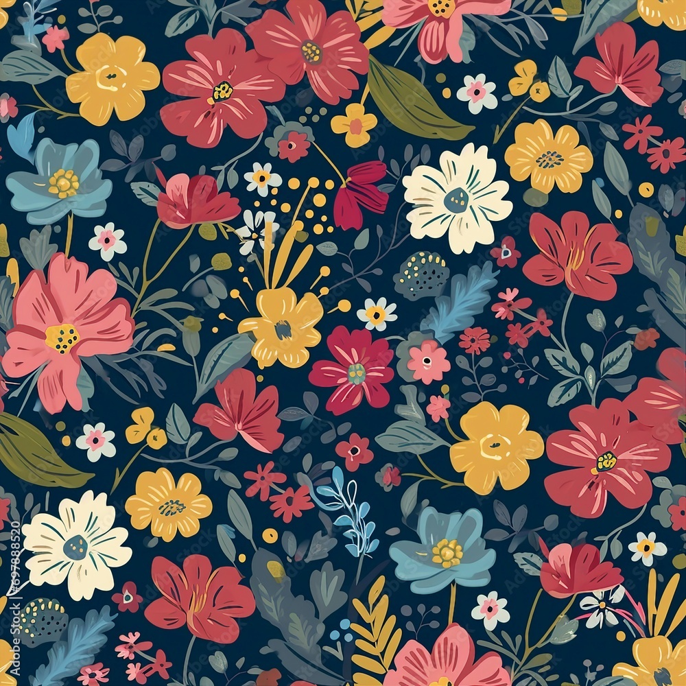 Fototapeta premium Beautiful vector seamless floral pattern with cute abstract flowers. Stock illustration. generative ai.