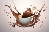 Cup, chocolate, splash, white, background, close-up, view. Generative AI