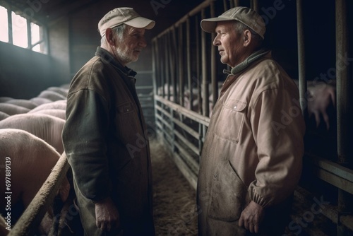 Senior veterinarian and farmer standing at the pig farm. Generative AI