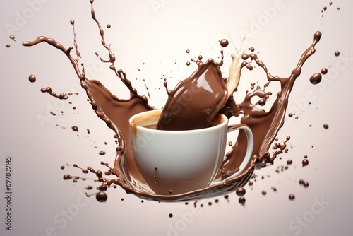 Cup  chocolate  splash  white  background  close-up  view. Generative AI